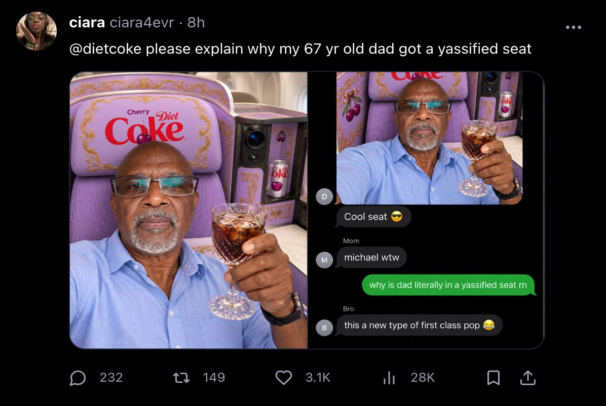 Twitter post and group chat reacting to a dad getting a RoCOKEco airplane seat upgrade