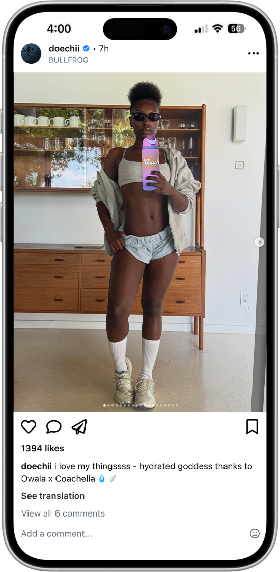 Doechii Instagram post: hydrated goddess thanks to Owala x Coachella