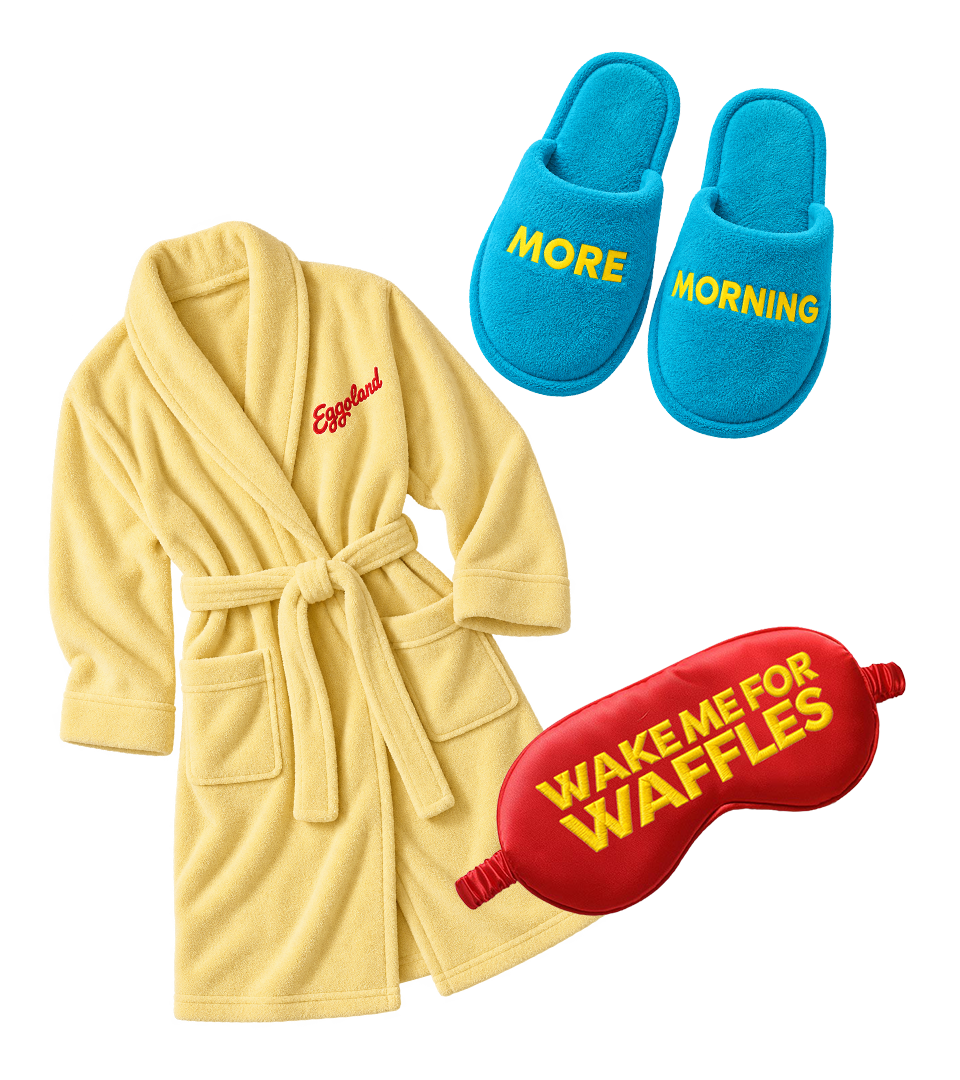 Eggoland branded robe, slippers, and sleep mask