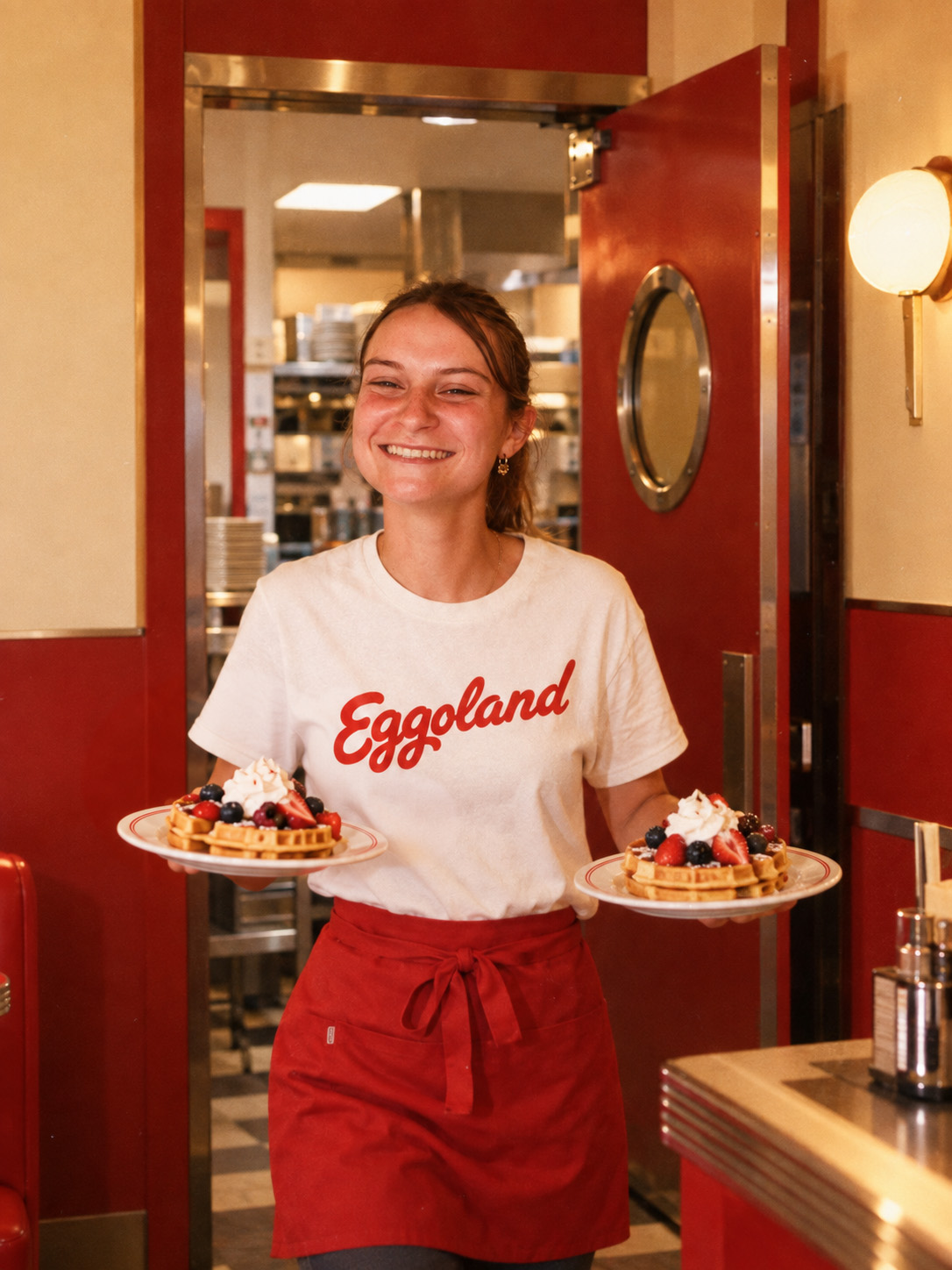 Eggoland server holding plates of waffles