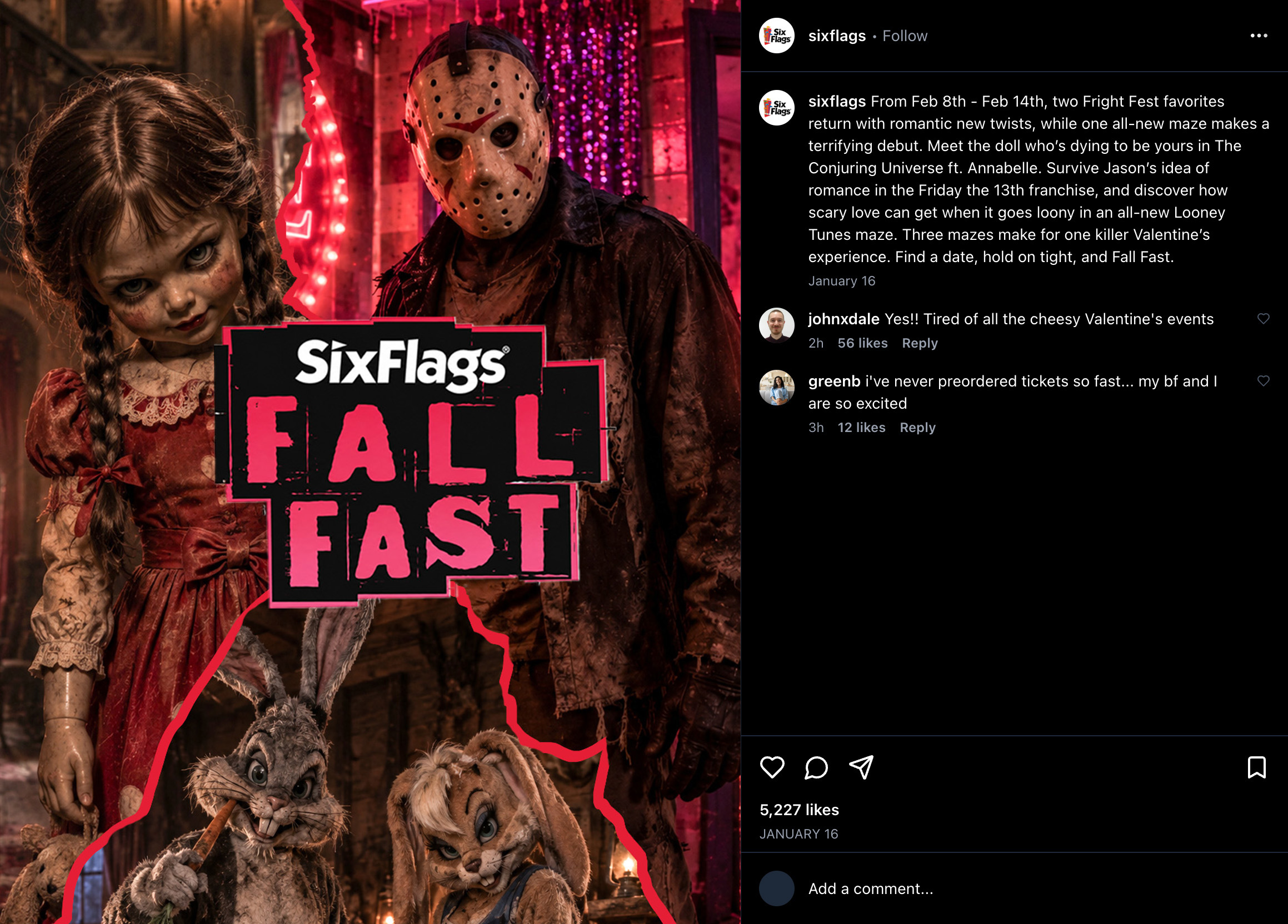 Six Flags Fall Fast Instagram announcement post with comments