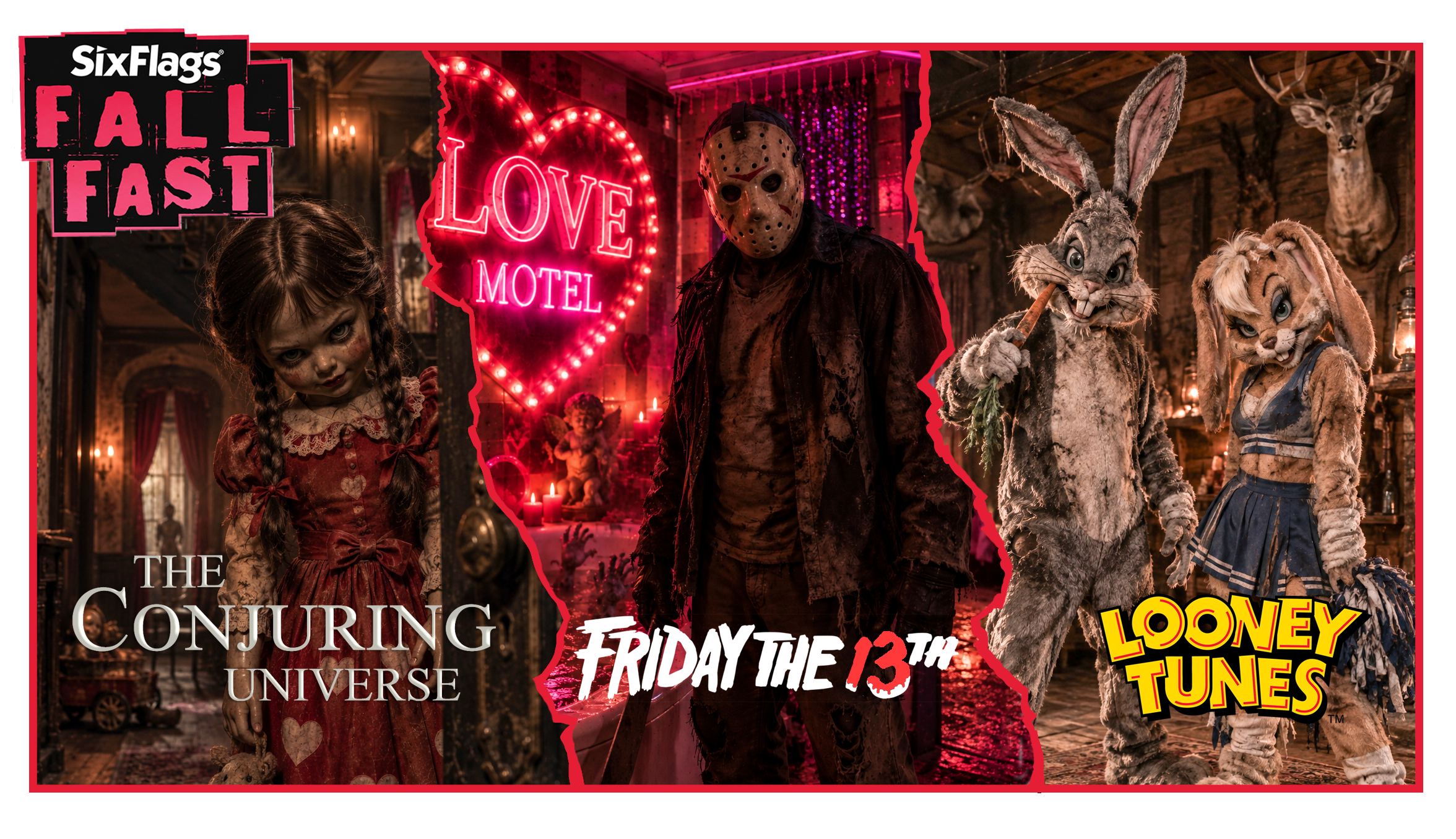 Six Flags Fall Fast website banner featuring the Conjuring, Friday the 13th, and Looney Tunes mazes