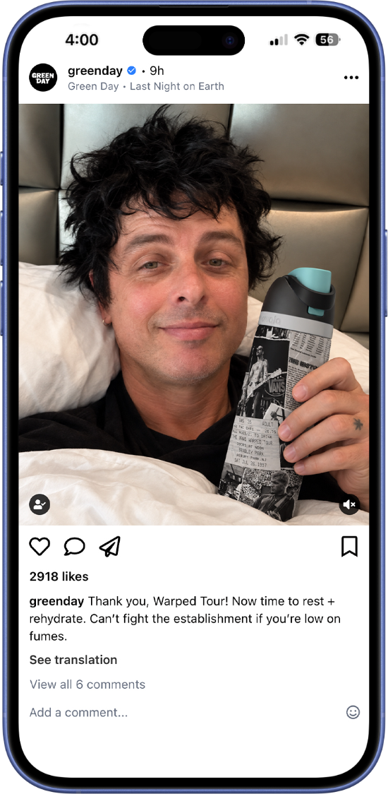 Green Day Instagram post resting and rehydrating after Warped Tour