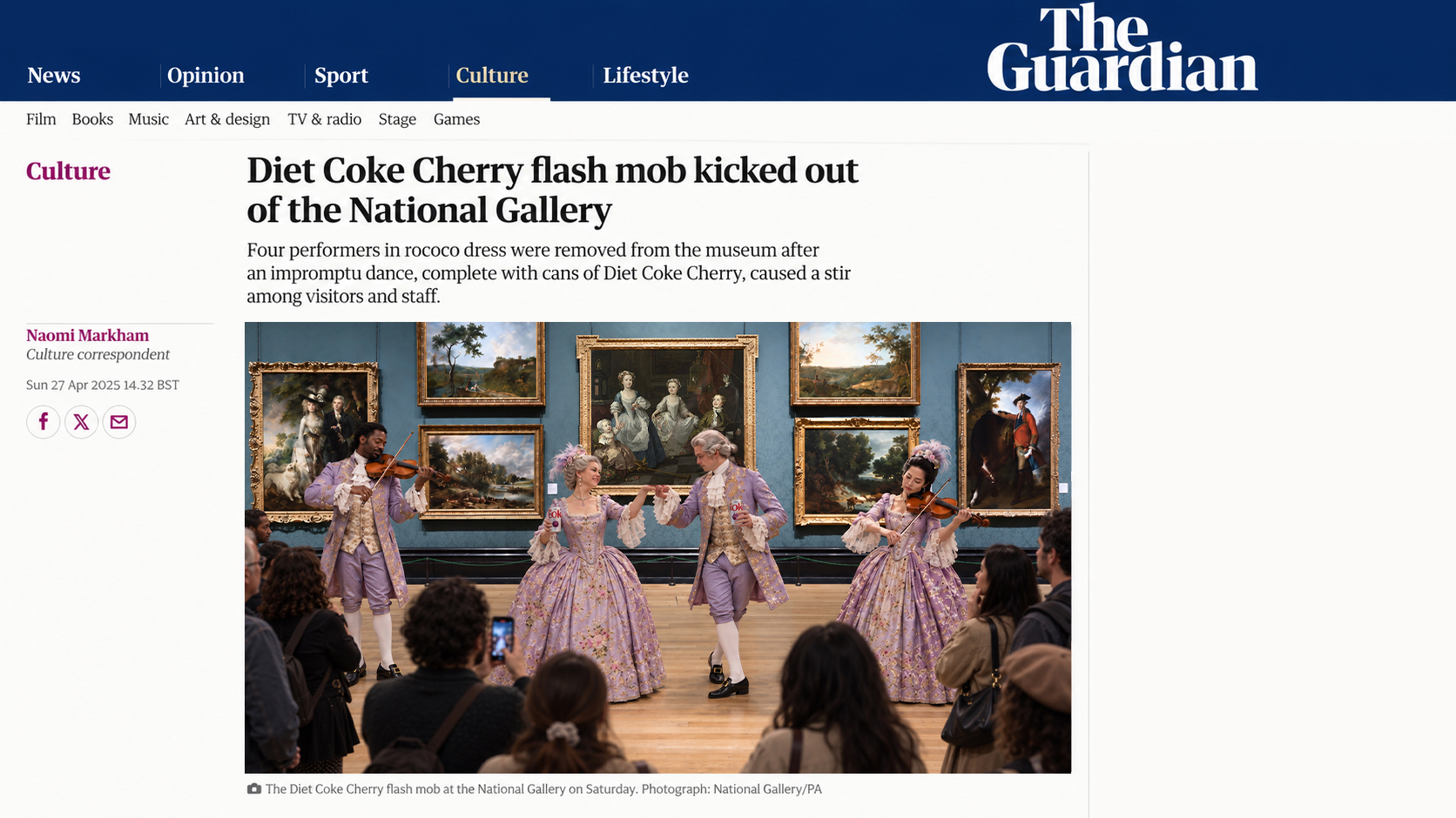 The Guardian article: Diet Coke Cherry flash mob kicked out of the National Gallery