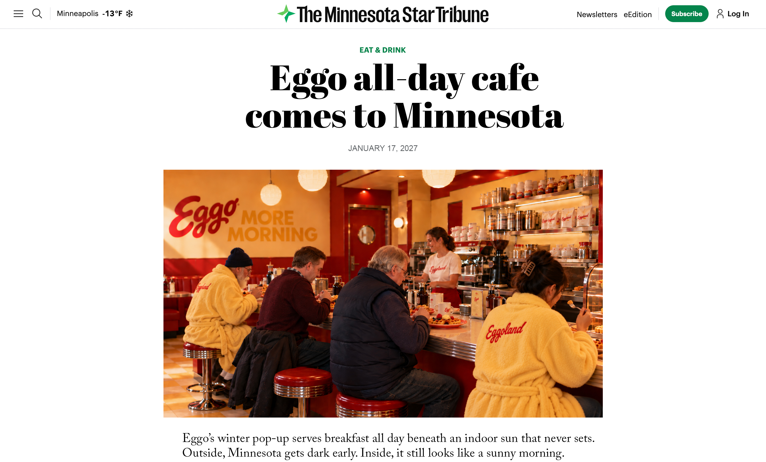 Minnesota Star Tribune article: Eggo all-day cafe comes to Minnesota