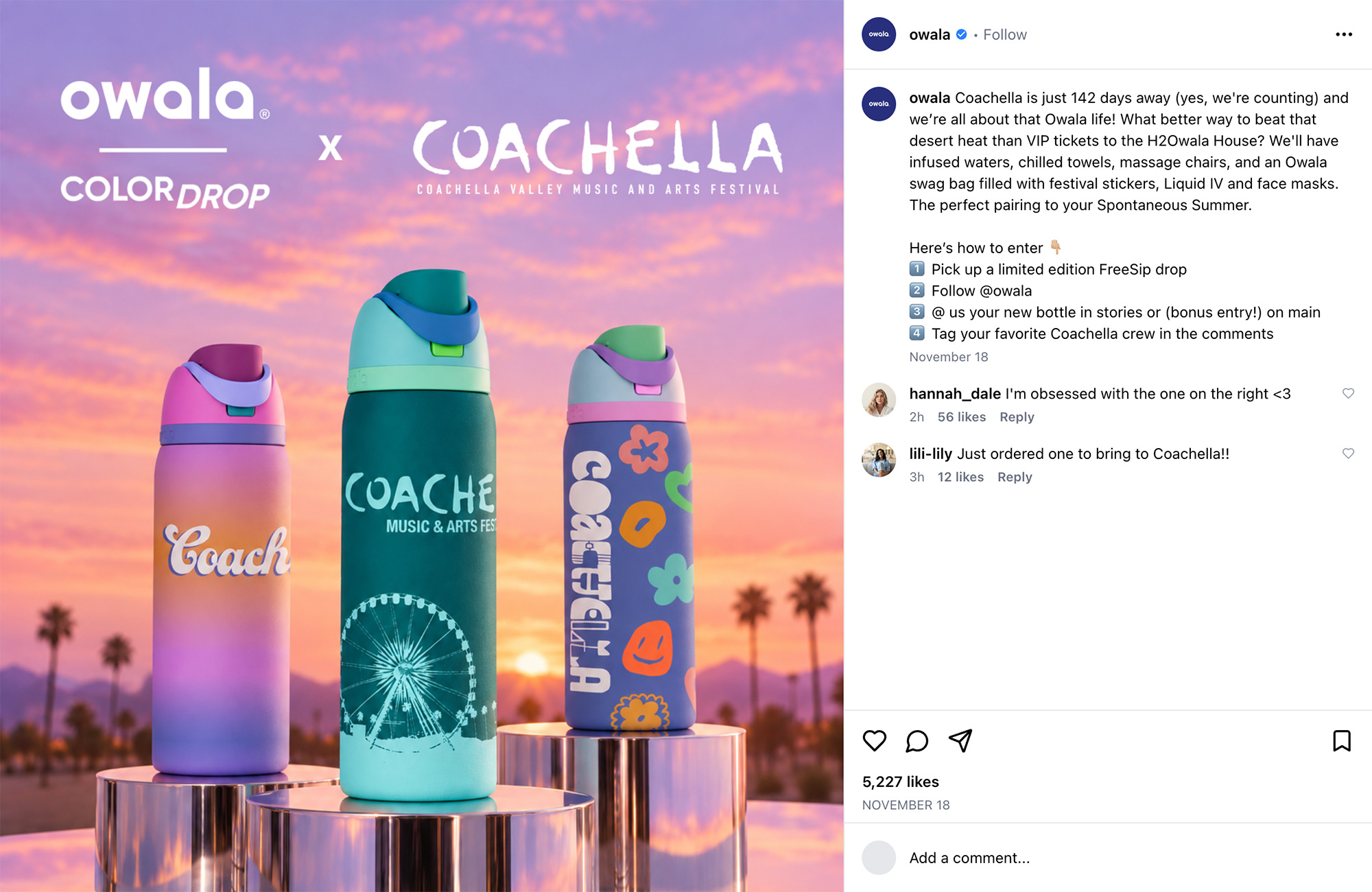 Owala x Coachella Color Drop Instagram announcement post