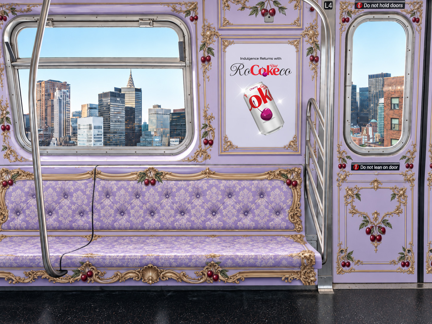 RoCOKEco Rococo-styled subway train interior with Diet Coke Cherry ad