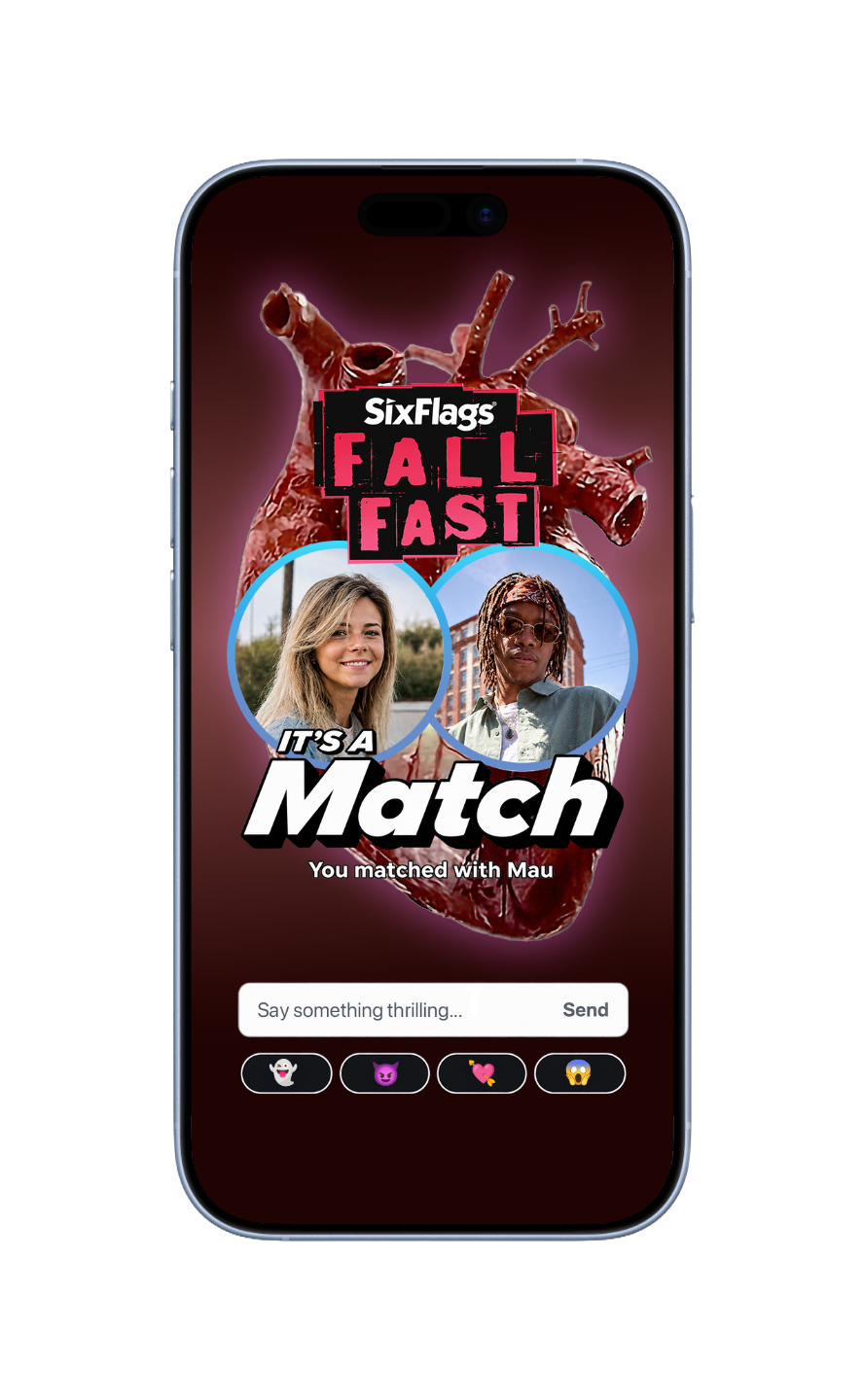 Six Flags Fall Fast Tinder partnership: It's a Match mockup