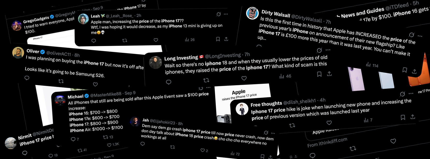 Collage of tweets reacting to the iPhone 17 price increase